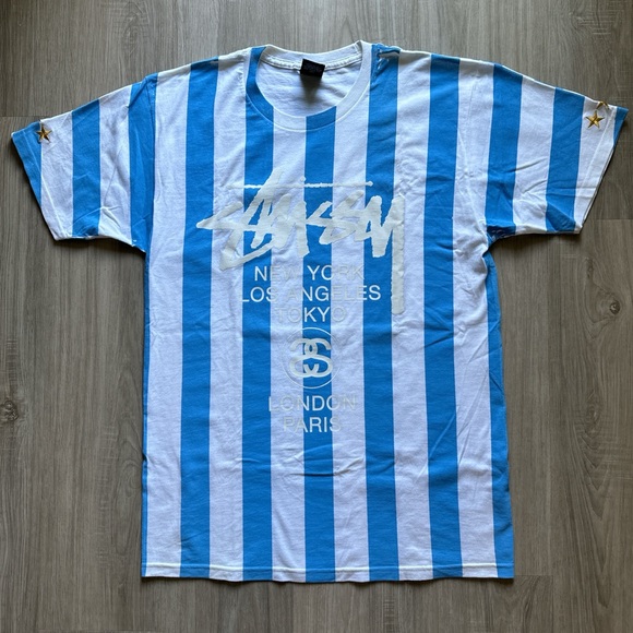 Vintage Stussy 90s printed stripe world tour tee medium - Picture 3 of 7